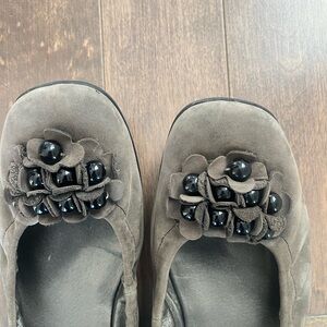 Gray Flats with Black Beaded Floral Design